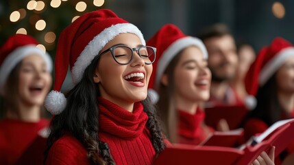 Group of friends in Santa hats singing Christmas carols together.
