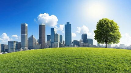 Fototapeta premium Urban skyline with green landscape city park digital art bright day aerial view nature and architecture harmony