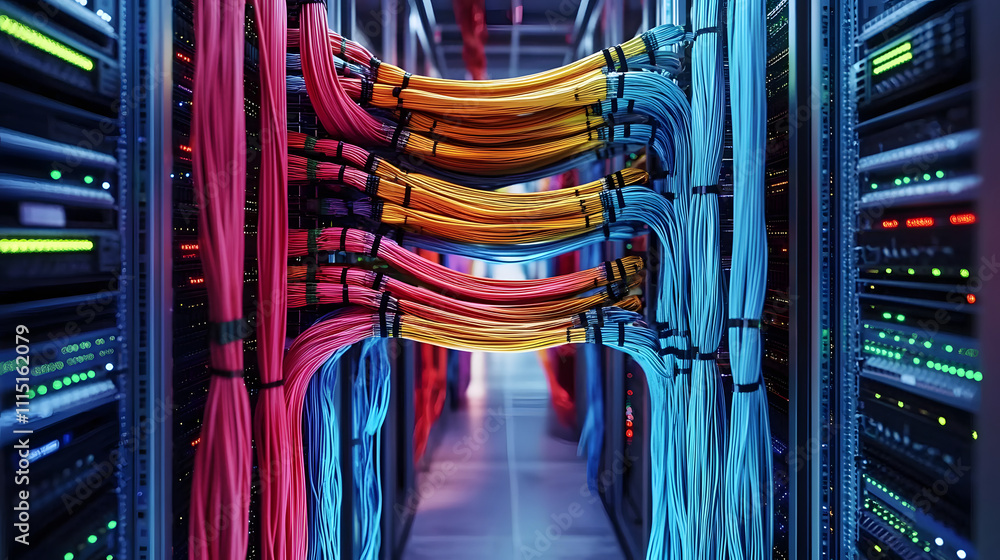 Poster abstract close up of network cables and racks with servers in a data center