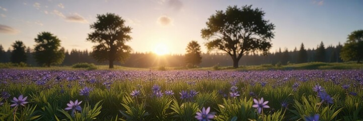 Fototapeta premium A lone asterviolet blooms in the center of an open field against a backdrop of blue sky and green trees at sunrise, flower solo, landscape, sunrise