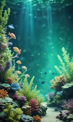 Obraz premium A dreamy underwater scene with colorful marine life and an abstract light green background with bokeh effect , bokeh effect, tropical waters, coral reef