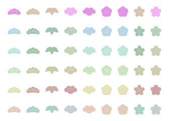 ペールトーンの和風の花と植物のアイコンイラストセット