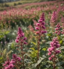Field of wild cruentus amaranth flowers in full bloom , sunset landscape, countryside flowers, meadow scenery