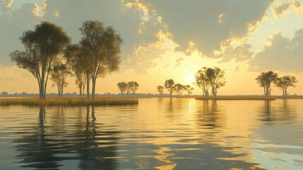 Sunrise reflection over serene waters nature landscape tranquil environment scenic viewpoint for relaxation