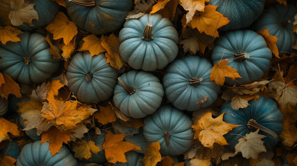 Fototapeta premium Festive autumn arrangement of blue pumpkins surrounded by vibrant orange leaves