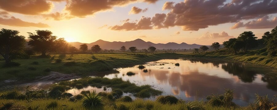 Vista desde una colina del r&iacute;o Arauca en los llanos orientales de Arauquita, con un atardecer hermoso, sunset, river