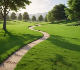 Fototapeta premium Expansive green lawn with a meandering walking path , nature landscape, meandering walking path