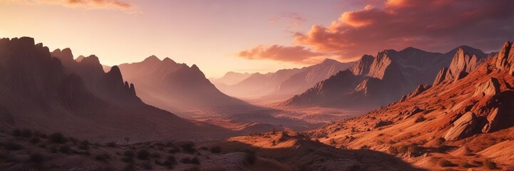 A stunning vista of a valley below the rugged mountain range against a fiery orange-red sunset sky, mountains, vast spaces, vibrant colors