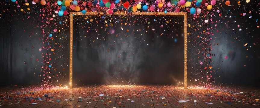 Confetti-filled photo booth with bright lights and fun props, playfulness, bright lights, party decorations