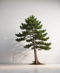 Obraz premium A large pine tree placed against a white wall to create a clean and minimalist backdrop, white wall, modern furniture