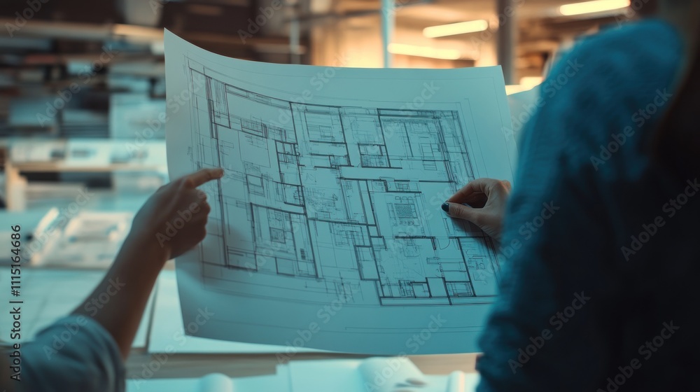 Poster two people examining architectural blueprints in a workspace.