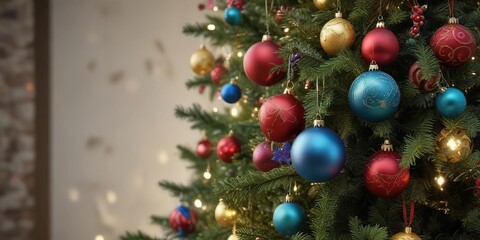 Colorful ornaments hanging from a beautifully decorated Christmas tree branch, garlands, colorful