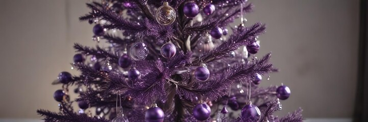 Delicate, intricately designed purple Christmas tree with delicate glass ornaments, glass ornaments, dainty, purple