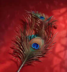 Obraz premium A single, majestic peacock feather sprawls across a vibrant red background, showcasing its iridescent sheen , elegance, red feather background, luxury