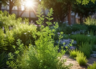 Fototapeta premium Sunny garden with a natural background featuring a garden plant with dill fragrance , herbaceous, outdoor, garden