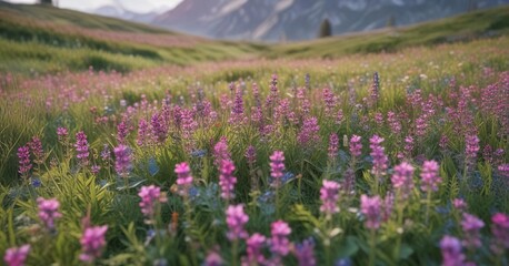 A serene meadow filled with vibrant pink and purple wildflowers , peaceful, nature