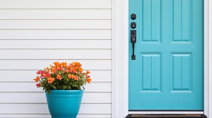 Obraz premium A vibrant turquoise door with a stylish handle stands alongside a pot of bright orange flowers, emphasizing modern home aesthetics and welcoming entrances.