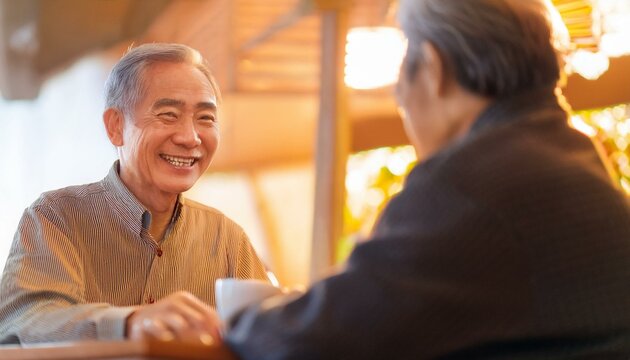 カフェでお茶をする、楽しそうな中高年男性