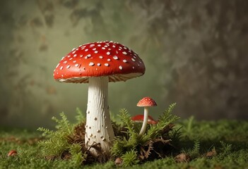 Amanita Muscaria cap with bright red spots on a greenish-brown background, fungal growth, red caps, wild mushrooms