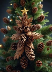 Obraz premium Aromatic pinecones scattered around a star-shaped top on a majestic Christmas tree, pinecones, aromatics, evergreen