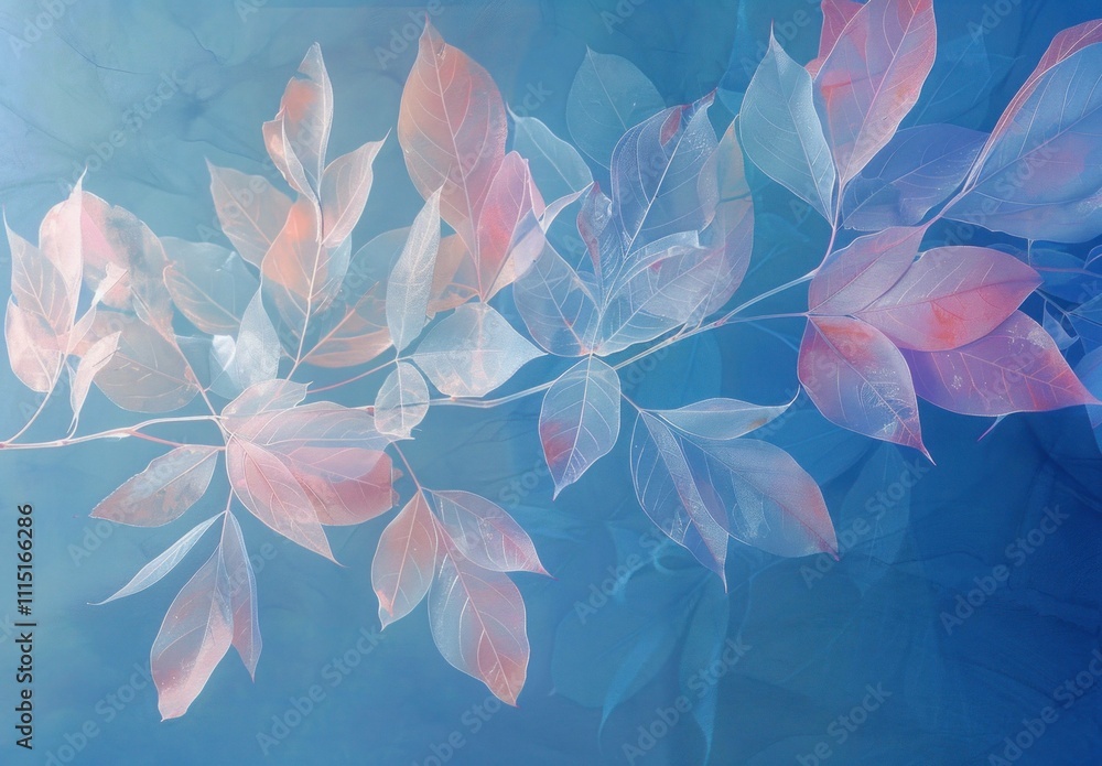 Poster delicate pastel leaves with soft colors on a smooth gradient background, creating a tranquil and cal