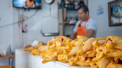 Detail of chicken sales business with blurred subject