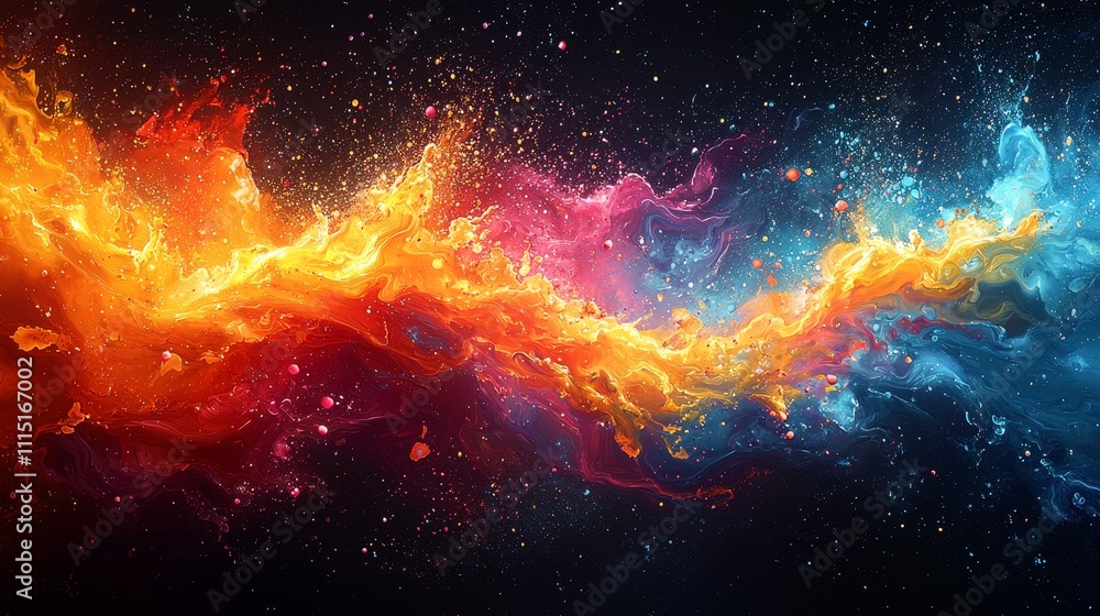 Poster dynamic and vibrant splashes of color in energetic waves, creating a stunning abstract background wi