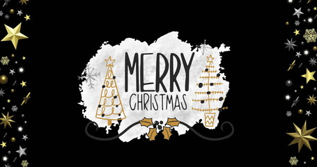 Image of christmas greetings text and decorations on black background © vectorfusionart