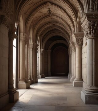 Arched hallway with intricate stone carvings and ornate details, elegant curves, gilded accents, parabolic arches