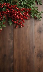Richly textured brown wooden background with red berries and greenery , trees, harvest, foliage