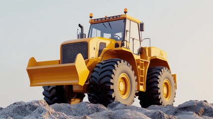 Fototapeta premium Powerful Tractor Moves Rocks Efficiently on Construction Site, Heavy Duty Vehicle Excavates Terrain with Precision.