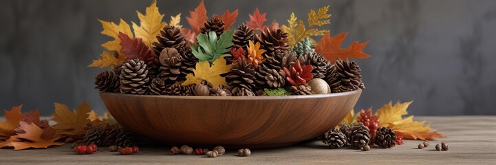 Autumn still life of a wooden bowl filled with a mix of leaves, twigs and pinecones , wooden, fall