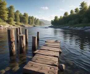 Obraz premium Rustic wooden pilings supporting an old stone pier jutting out into the gentle current of a river , rustic, old, wooden