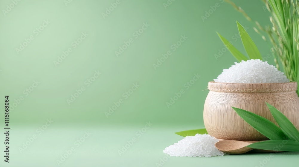 Poster empty 3d model of rice with green background and natural elements