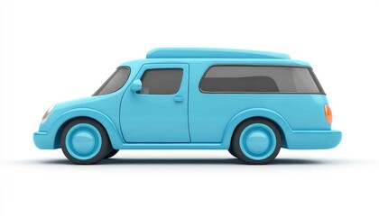 Fototapeta premium Cartoon Van Drives Smoothly, Adorable Design, Family Fun, Summer Vacation, Blue Vehicle, Retro Style, Kids Toy, 3D Render, Simple Model, Child's Plaything, Whimsical Transport