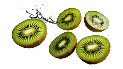 Fototapeta premium Juicy kiwi fruit slices splashing in water, isolated on white background. Perfect for healthy food, beverage, or lifestyle advertising.