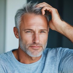 Obraz premium Portrait of a mature man touching his hair indoor setting lifestyle photography calm environment close-up view confidence concept