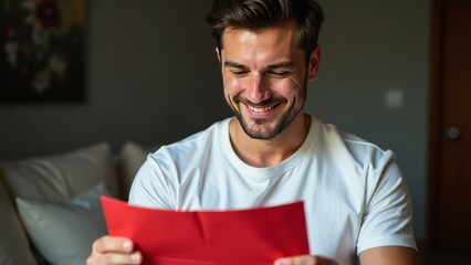 Portrait of smiling man wearing T-shirt reading love letter from red envelope. Happy person gets greeting card, having positive romantic expression, being pleased, Indoor at home.