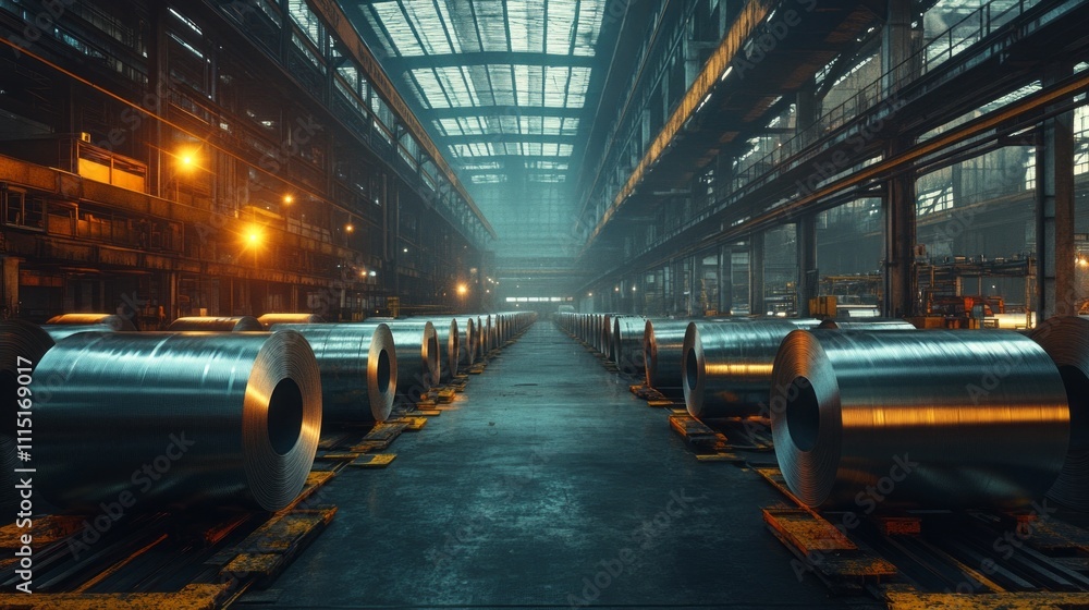 Poster Rows of gleaming metallic rolls lie neatly in an expansive industrial warehouse. Soft lighting accentuates the textures, creating an atmosphere of quiet productivity during early evening hours