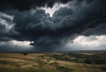 Dark and foreboding storm clouds loom over the landscape, dark, stormy