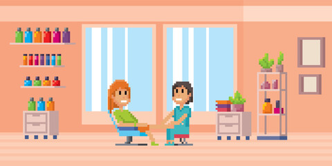 Hairdressers, barbers and customers during hair care, makeover in beauty salon. Pixel art, 80-s style