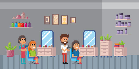 Hairdressers, barbers and customers during hair care, makeover in beauty salon. Pixel art, 80-s style