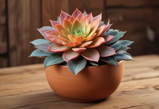 A majestic Echeveria flower in a terracotta pot on a wooden table, with a warm and inviting atmosphere , floral, flower