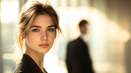 Obraz premium Beautiful young woman in a business suit looking at the camera, with a blurred man walking behind her in the background. 