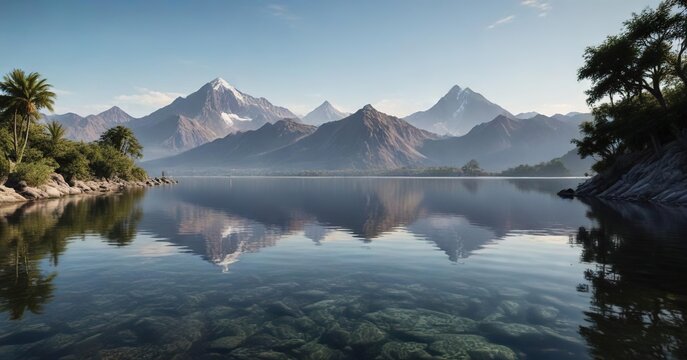 Calm waters of Laguna de Horcones with the Aconcagua peak in the distance, Aconcagua, sky, serene landscape