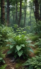 Obraz premium Aegopodium perennial in a dense thicket with other forest plants, forest understory, perennial