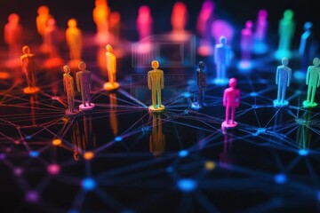 Colorful miniature human figures interconnected network vibrant threads social connectivity concept dark background