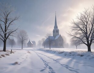 Snowflakes gently falling on a serene snowy landscape with a distant church steeple, frosty air, peaceful scene, isolated church