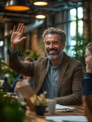 Friendly Businessman Waving During Meeting in Modern Office Setting