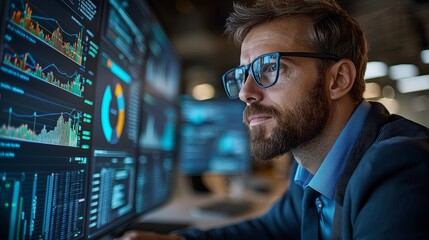 Fototapeta premium Businessman Analyzing Data on Modern Screens in an Office Setting